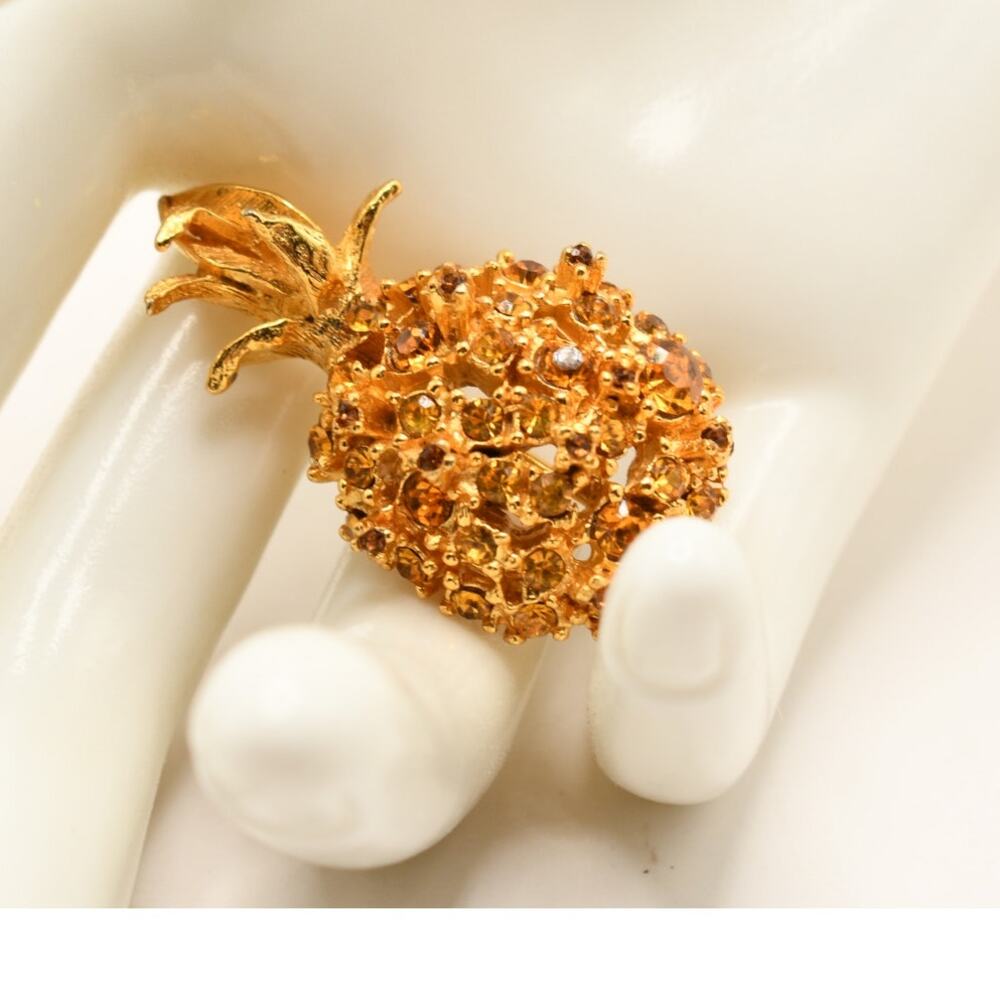 Vintage Alice Caviness Pineapple Brooch Amber Rhinestone Gold Tone Signed
